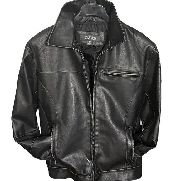 KENNETH COLE Vintage Mens M/L Black Bomber Moto Jacket w/ Zip-Out Fleece Hood - Picture 3 of 9